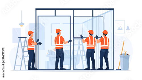 Constructing the Future: A skilled construction team works together to assemble a modern glass partition, symbolizing teamwork and precision. Reflecting a dedication to progress and innovation.