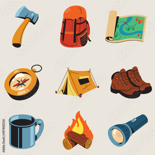Illustration of camping and hiking equipment, including a backpack, compass, tent, boots, mug, campfire, axe, and map for outdoor adventure and exploration
