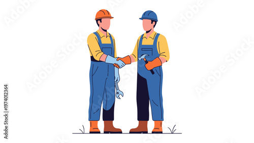 Collaboration in Construction: Two construction workers sealing a deal with a firm handshake, symbolizing partnership and a shared commitment to a project. A depiction of unity in the trades.
