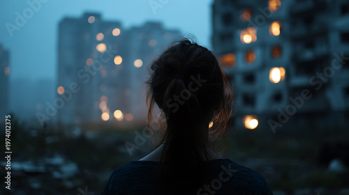 A woman contemplates a dystopian city, embodying the essence of solitude