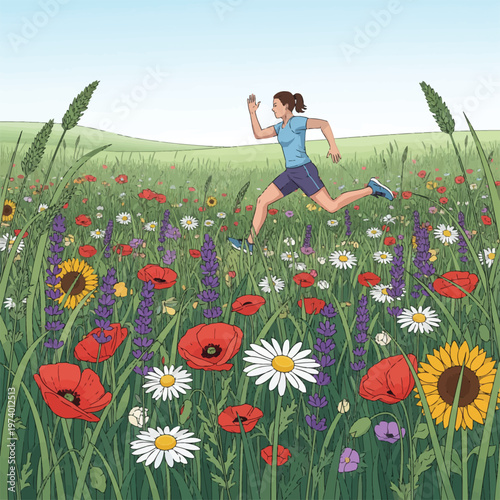 A young athletic woman running through a vibrant wildflower meadow.