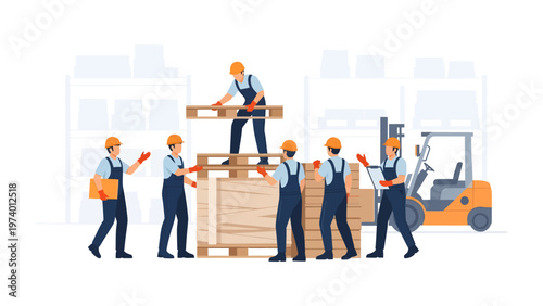 Industrial Harmony: A team of skilled warehouse workers collaborate, utilizing a forklift to assemble wooden pallets and manage inventory with precision and teamwork.