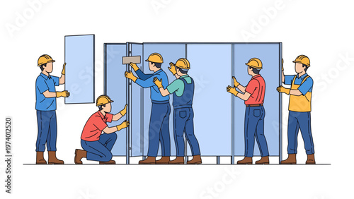 Construction Team Assembling Structure: A skilled construction team works together to assemble a modern structure, highlighting teamwork, precision, and the progress of a building project.