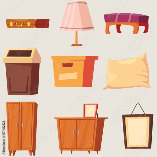 A delightful collection of cartoon-style furniture and home decor items, including a suitcase, lamp, ottoman, trash can, storage bin, pillow, wardrobe, cabinet, and picture frame