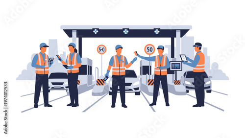 Toll Booth Operations: A team of dedicated personnel efficiently manages a toll booth, guiding vehicles and ensuring seamless traffic flow on the roadway, showcasing essential infrastructure.