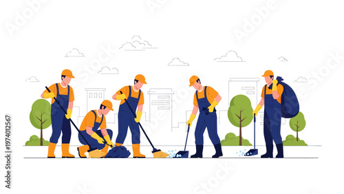 Cleanliness Crew in Action: A dedicated team of sanitation workers diligently performs street cleaning duties, showcasing a commitment to a clean and sustainable environment.