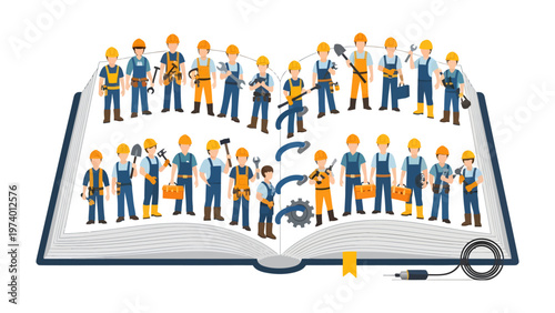 Construction Knowledge: A conceptual depiction of construction knowledge, with a large open book containing numerous construction workers, tools and gears suggesting a comprehensive guide to building.