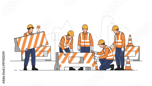 Road Construction Crew: A dedicated construction crew diligently works on the road, carefully placing safety barriers and traffic cones to ensure public safety.