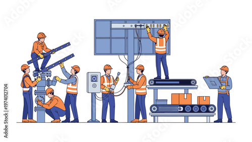 Teamwork in Action: Workers collaborate on an industrial project, focusing on each task in this illustration