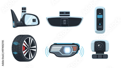 Autonomous Vehicle Sensors & Smart Car Technology Components Set: Lidar, Radar, Camera, Headlight, Tire, Mirror