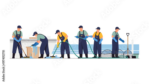 Cleaning crew at work: A diligent cleaning crew diligently performs various cleaning tasks, ensuring a pristine environment with professionalism.