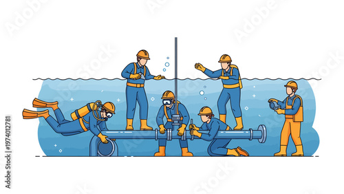 Underwater Pipeline Team: A group of skilled workers, equipped with diving gear and specialized tools.