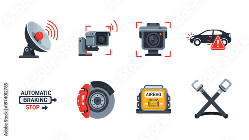 Car Safety Technology Icons Set. Driver Assistance Systems, Automatic Braking, Radar, Cameras, Airbag, Seatbelt.