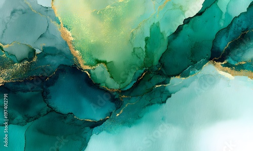  luxurious fluid watercolor abstract aura in deep emerald green, forest green, and soft sage, blended with shimmering iridescent gold leaf veins
