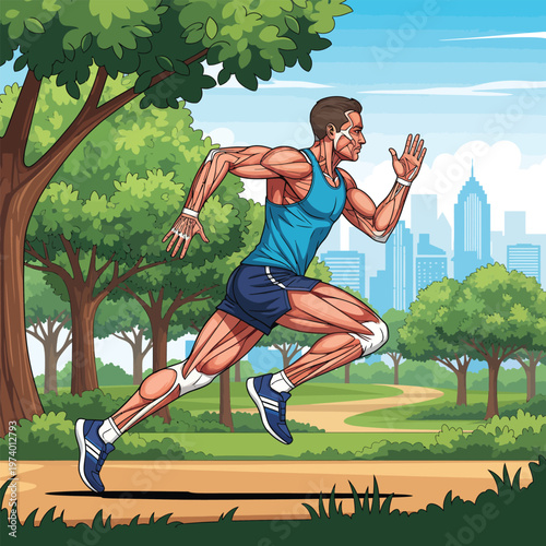 Anatomical illustration of a muscular male athlete running outdoors.