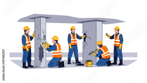 Construction Crew Inspecting and Repairing Pillars: A team of construction workers diligently inspects and repairs damaged pillars. This scene emphasizes the importance of structural integrity.