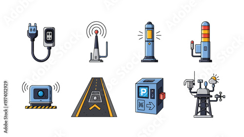 Smart City Technology Icons Set. Urban Infrastructure, EV Charging, IoT, Autonomous Road, Parking & Communication Systems