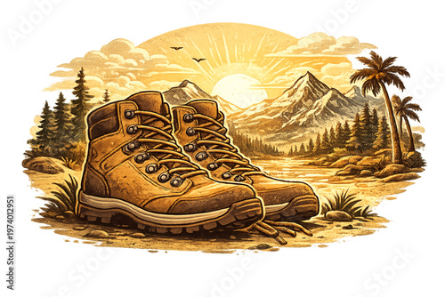 adventure awaits, rugged boots, hiking boots illustration, outdoor adventure gear, trekking boots design, hiking lifestyle concept, adventure travel footwear, rugged footwear illustration, mountain hi