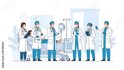 Medical Team: In a sterile hospital environment, a team of dedicated medical professionals is shown in a clean room, working together to provide care and support to a patient.