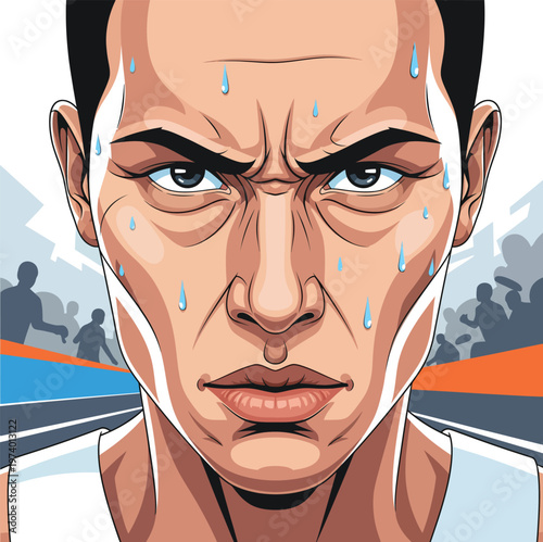 Close up portrait of a sweaty athlete with an intense focused expression.