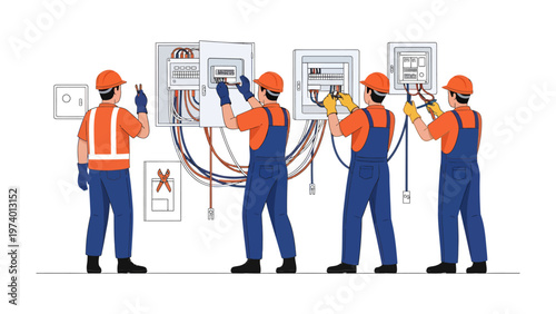 Electrical Installation Team: A team of skilled technicians meticulously working on an electrical panel. Precision and expertise are at the forefront of their work.