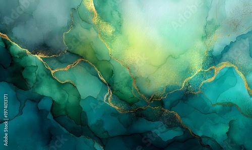  luxurious fluid watercolor abstract aura in deep emerald green, forest green, and soft sage, blended with shimmering iridescent gold leaf veins