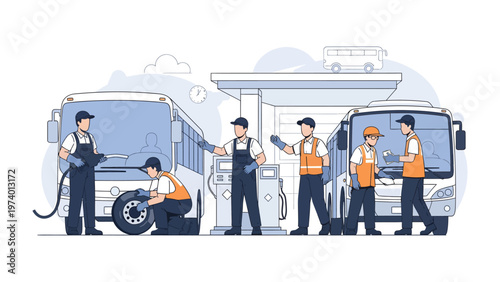 Maintenance and Support: Mechanics at work, bus maintenance, gasoline station operation.