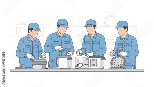 Production Line Precision: A team of skilled technicians meticulously working on an assembly line, showcasing efficiency and precision in their tasks.