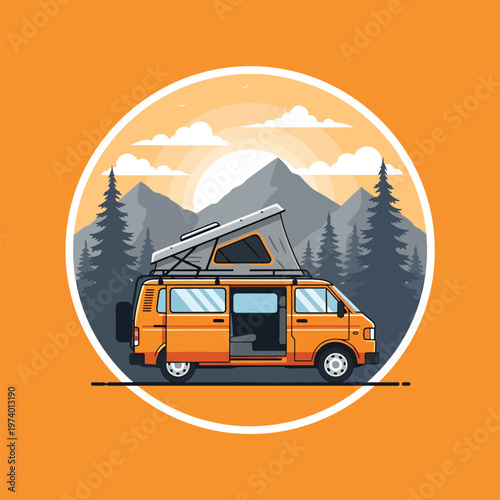 Vector illustration of a camper van with roof tent in a mountain and forest landscape at sunset