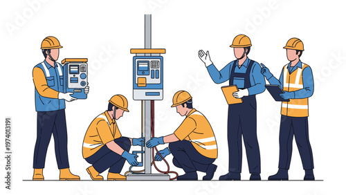 Technical Team Collaboration: A group of skilled technicians in protective gear collaborating on a technical project, with focused attention and expertise. 