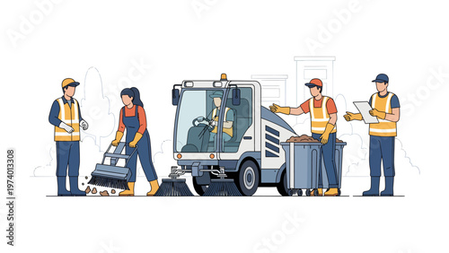 Urban Cleanup Crew: A team of dedicated workers efficiently operates a street sweeper and performs manual sweeping, ensuring cleanliness in the urban environment.