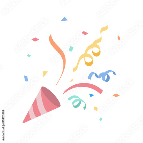 クラッカーのイラスト　パーティ素材　紙吹雪とリボン　シンプル　カラフル　お祝い