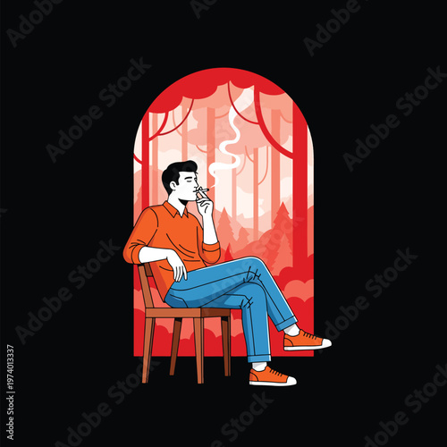 Relaxed man smoking a cigarette in a chair, contemplating a stylized red forest view through an arch.