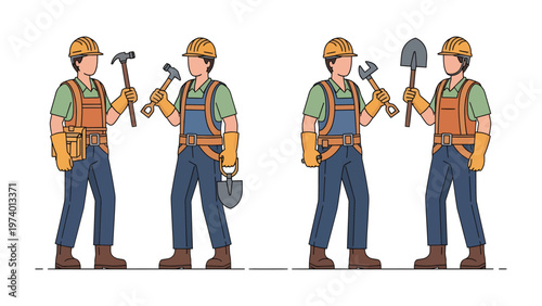 Construction Workers: Illustrated construction workers in protective gear holding tools, showcasing construction and manual labor.