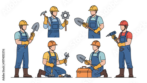 Construction Team: A group of construction worker in action with tools ready for building and fixing. Capturing the spirit of skill and cooperation