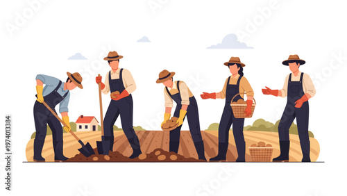 Cultivating Together: Illustration of a farming group working in a field, depicting harmony and cooperation with a charming rural backdrop.