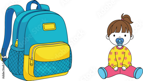 School backpack bag with cute baby girl sitting with pacifier cartoon children lifestyle vector illustration