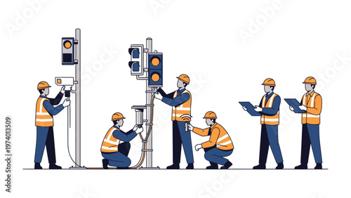 Traffic Signal Team at Work: A team of dedicated technicians is diligently working on the installation and maintenance of traffic signals.