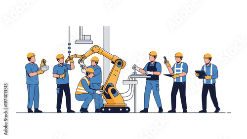 Robotic Assembly: A team of skilled technicians meticulously works together to assemble a cutting-edge robotic arm, representing innovation and precision in modern manufacturing.