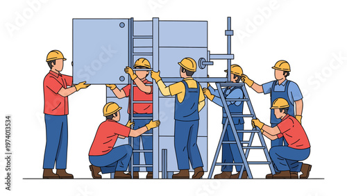 Building a foundation: A collaborative team of construction workers is working diligently, constructing a industrial structure with precision and teamwork.