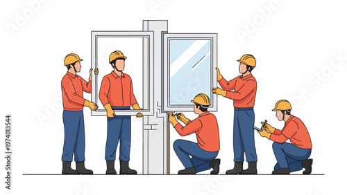 Construction Crew Installing Windows: A coordinated team of construction workers meticulously installs a window, showcasing precision, teamwork, and expertise in the construction process. 