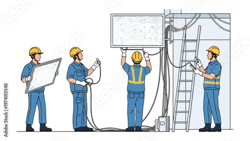 Teamwork Installing the Billboard: A skilled team of construction workers is focused on installing a billboard, teamwork, precision, and the intricate process of advertising.