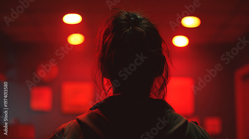 A silhouette of a person standing against a red lit background. The scene exudes an air of mystery and anticipation