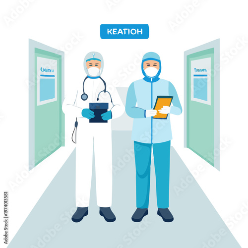 Two medical professionals in full protective suits, one holding tablet and the other stethoscope, standing in hospital corridor, representing healthcare workers during ... See More