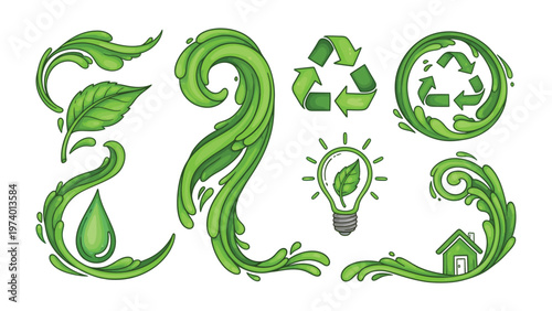 Eco-Friendly Illustrations: A collection of vibrant green illustrations showcasing eco-friendly concepts, including a recycling symbol, a leaf, water drop, light bulb and house. 