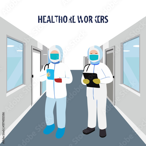 Two medical professionals in full protective suits, one holding tablet and the other stethoscope, standing in hospital corridor, representing healthcare workers during ... See More