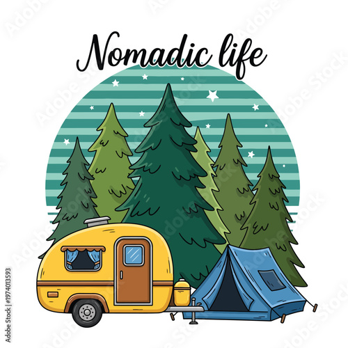 Nomadic Life Adventure: Camper Van and Tent in Serene Forest Landscape Illustration