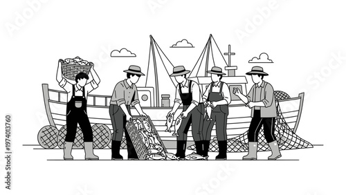 Fishermen at Work: A collaborative monochrome illustration captures a group of dedicated fishermen at work, efficiently unloading their bountiful catch from their vessel.