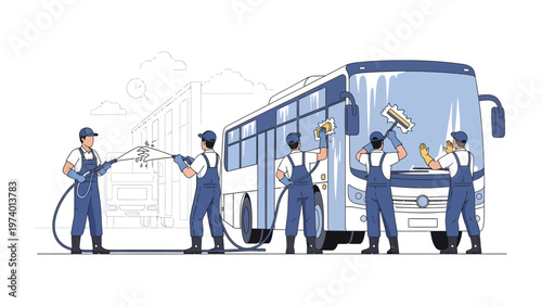 Bus Cleaning Crew in Action: A team of dedicated workers efficiently cleans a city bus. Spraying, scrubbing, and squeegeeing. Capturing a moment of industry and service.