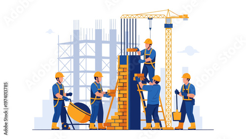 Construction Team at Work: A team of construction workers diligently engaged in building a structure, embodying the essence of teamwork, progress, and the creation of tangible results.